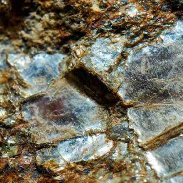 Close-up of a mica gneiss with large crystals of muscovite, a light mica